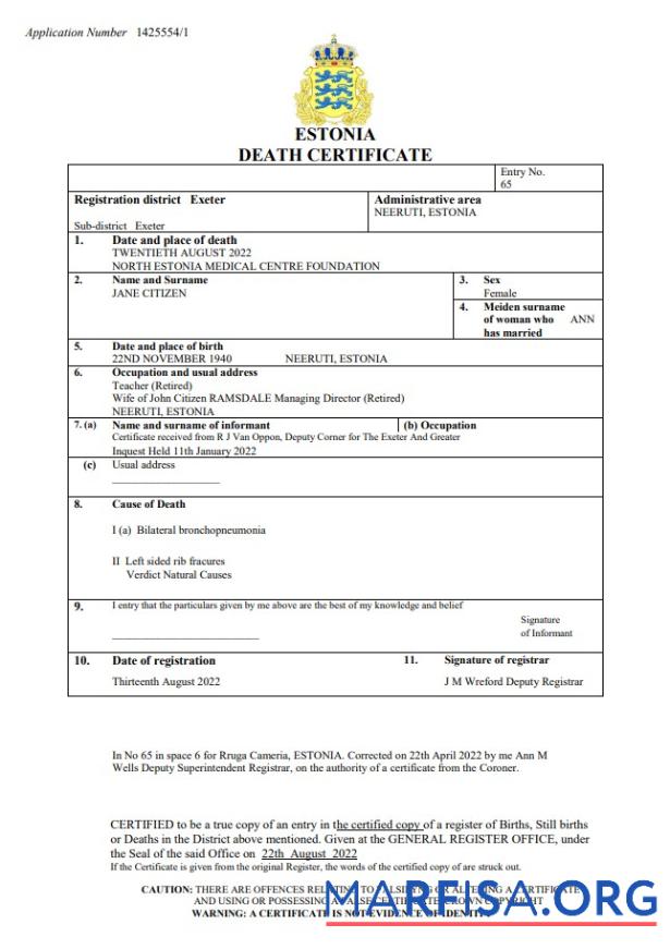 Realistic Estonia death certificate Word and PDF template